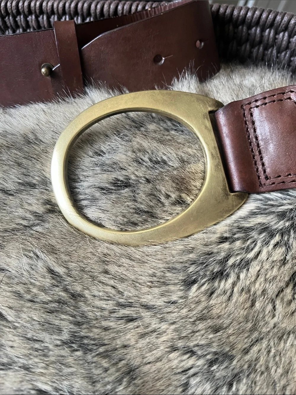 Oscar de la Renta Brown Woven Leather Belt with Brass Oval Buckle EUC